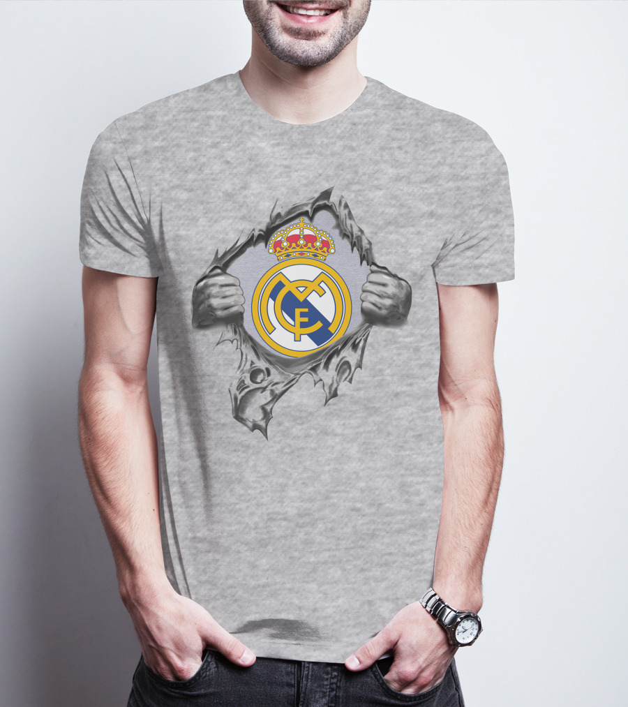 Real Madrid Super Fan Logo Symbol With Hands Ripping Through T-Shirt