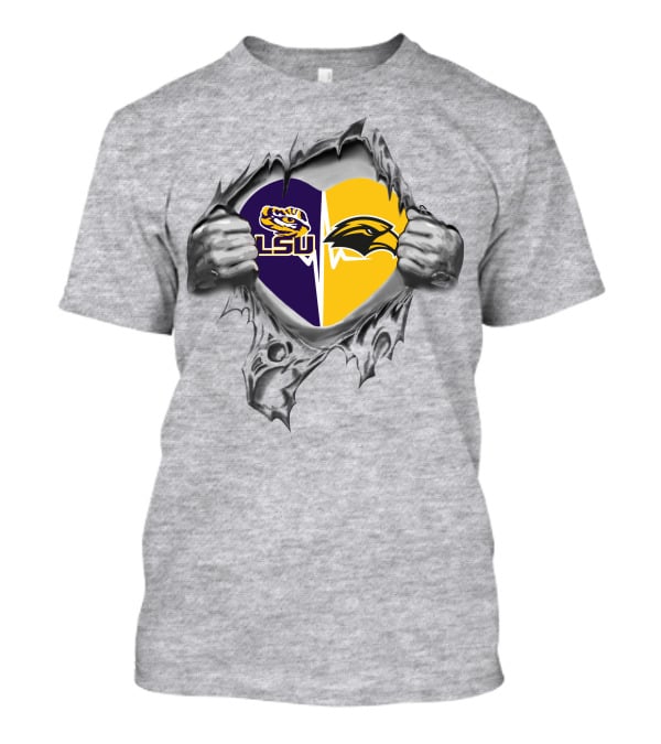 Lsu Southern Mississippi Golden Eagles Heart-Shaped Logo Torn Fabric T-Shirt