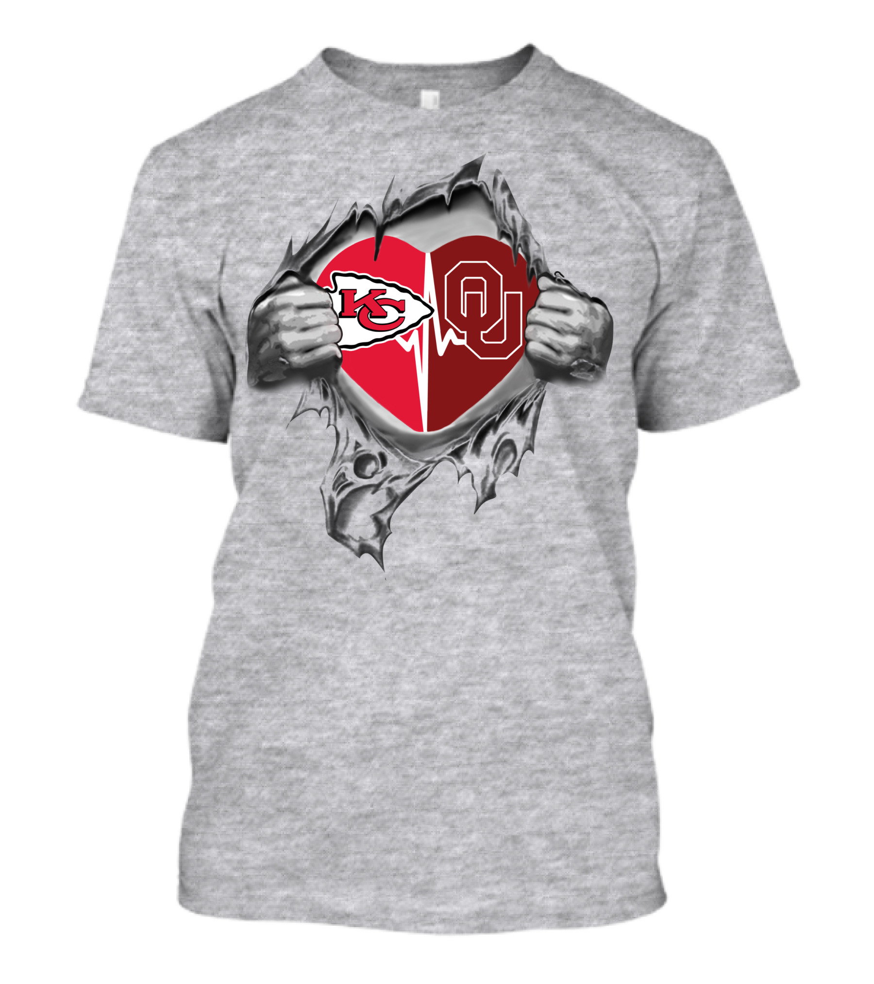 Oklahoma Sooners And Kansas City Chiefs Heart Rip T-Shirt
