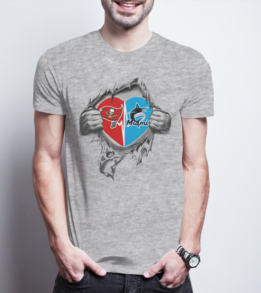 Ripped Heart Featuring Buccaneers And Marlins Logos T-Shirt