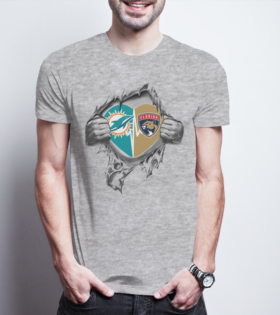 Miami Dolphins Florida Panthers Heart Design 27 Fan Tribute T-Shirt