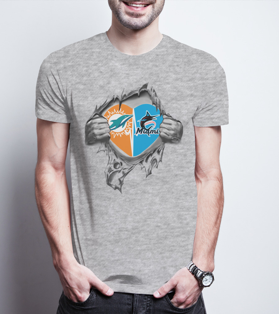 Miami Dolphins And Marlins Heart Design 28 Dolphins It's In My Heart T-Shirt