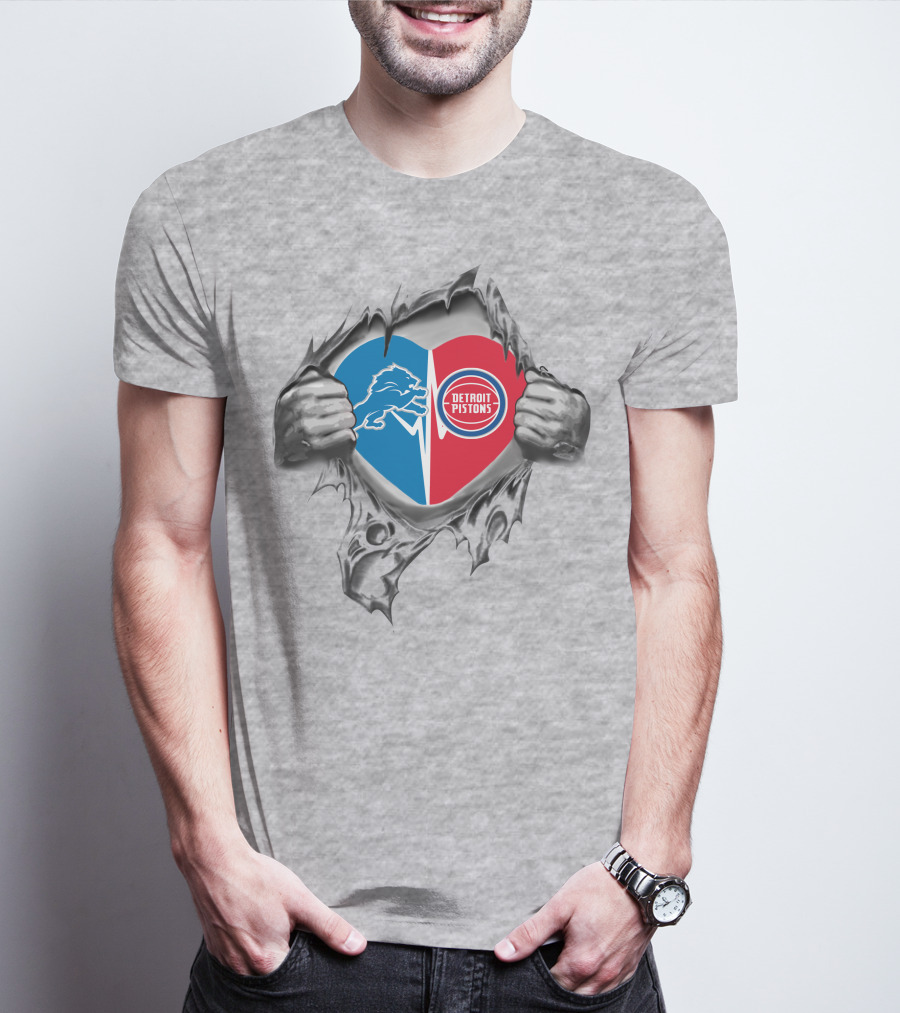Detroit Lions And Detroit Pistons Heart Design With Hands Tearing Open T-Shirt