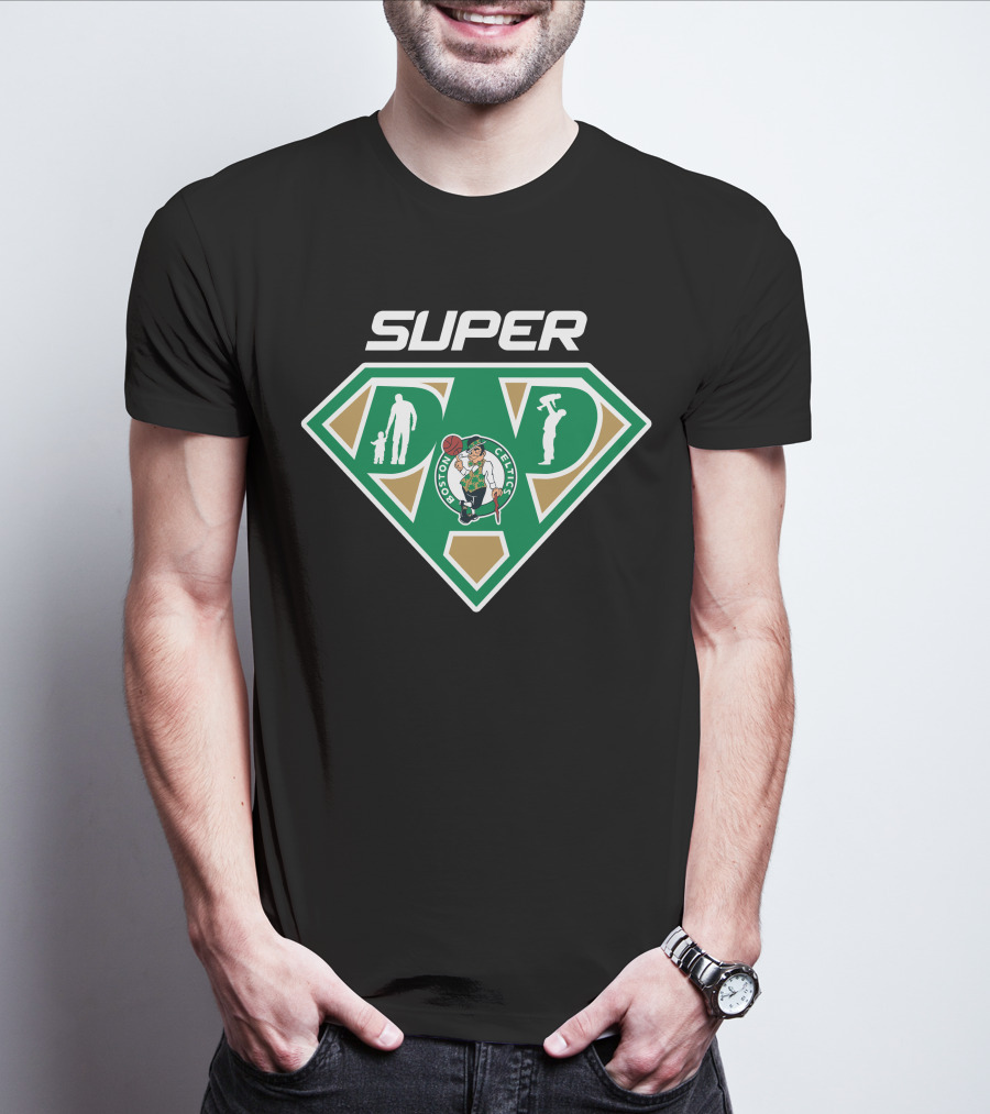 Boston Celtics Super Dad Emblem With Father Figures And Team T-Shirt