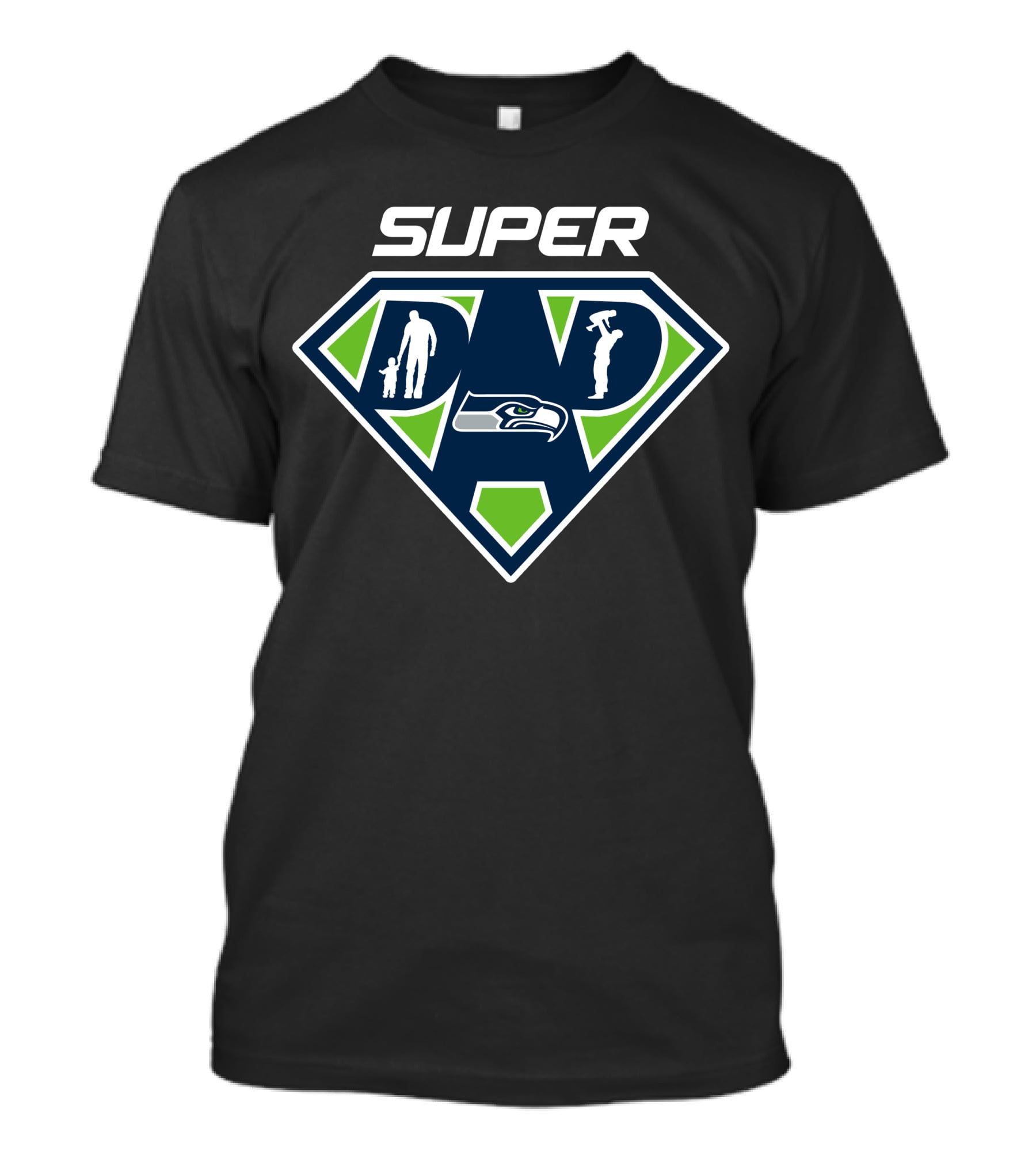 Seattle Seahawks Super Dad Hero Icon With Seahawk And Family Silhouettes T-Shirt