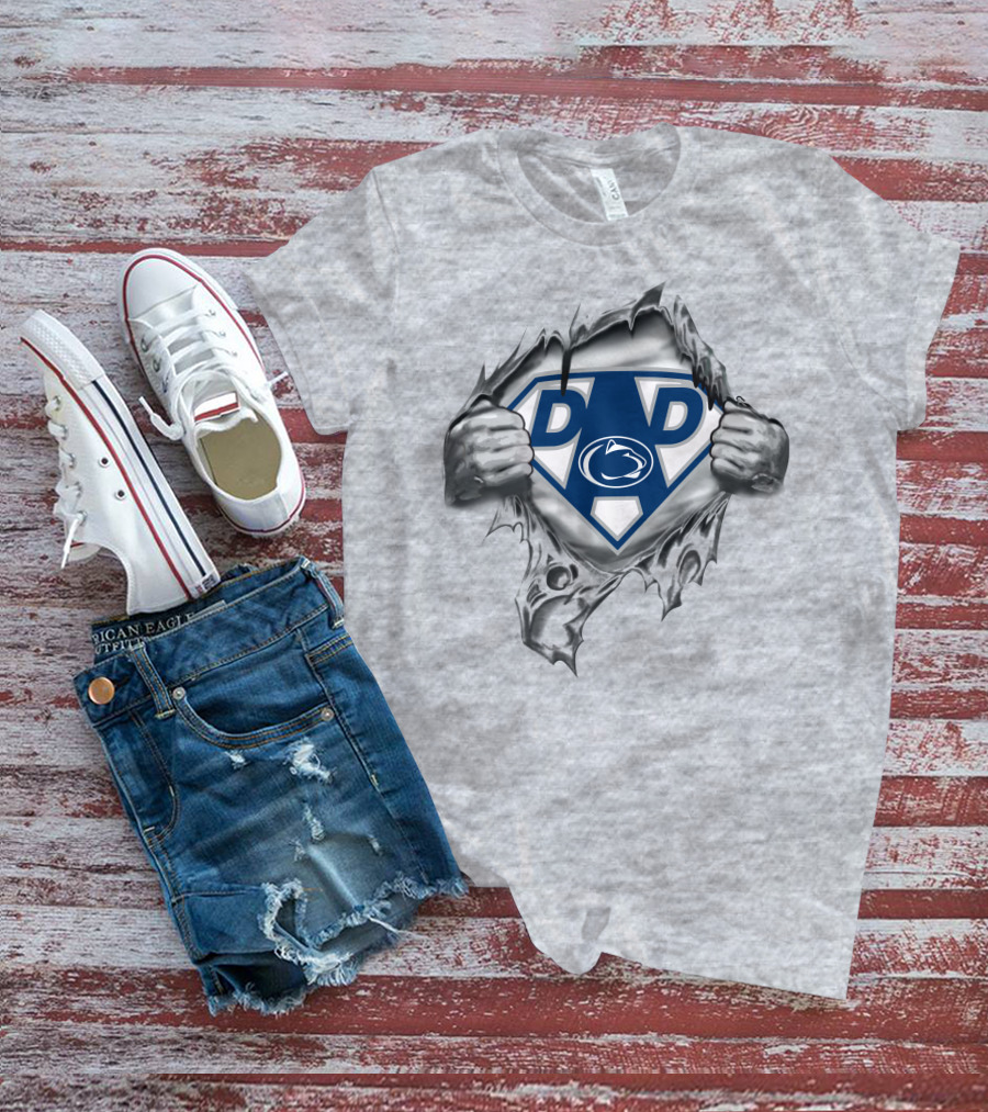 Penn State Nittany Lions Super Dad Emblem With Hands Ripping Through Gray T-Shirt