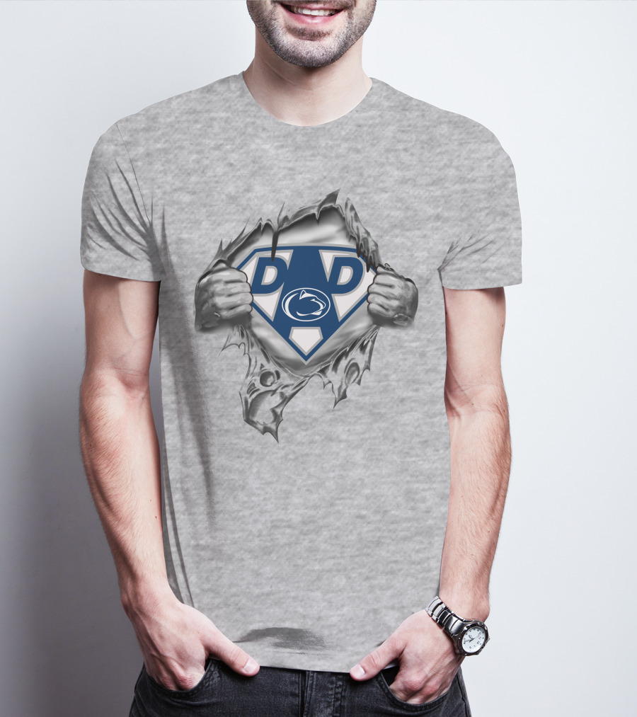 Penn State Nittany Lions Super Dad Emblem With Hands Ripping Through Gray T-Shirt