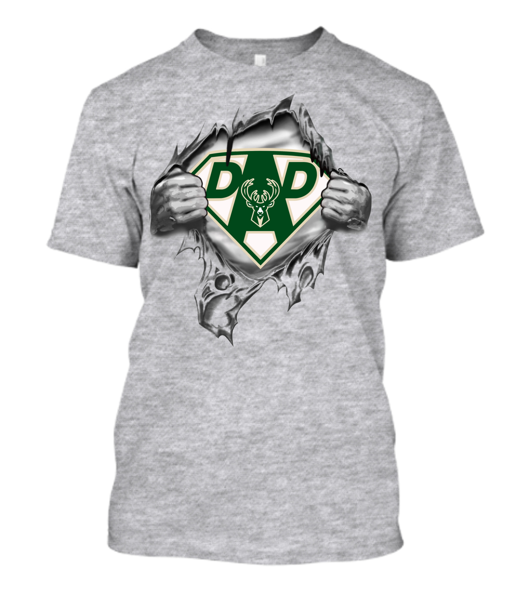 Milwaukee Bucks Super Dad Emblem With Ripped Superhero Suit And Deer T-Shirt