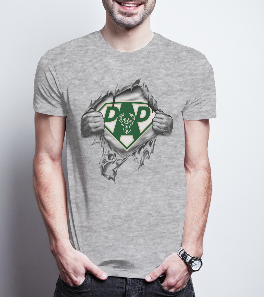 Milwaukee Bucks Super Dad Emblem With Ripped Superhero Suit And Deer T-Shirt