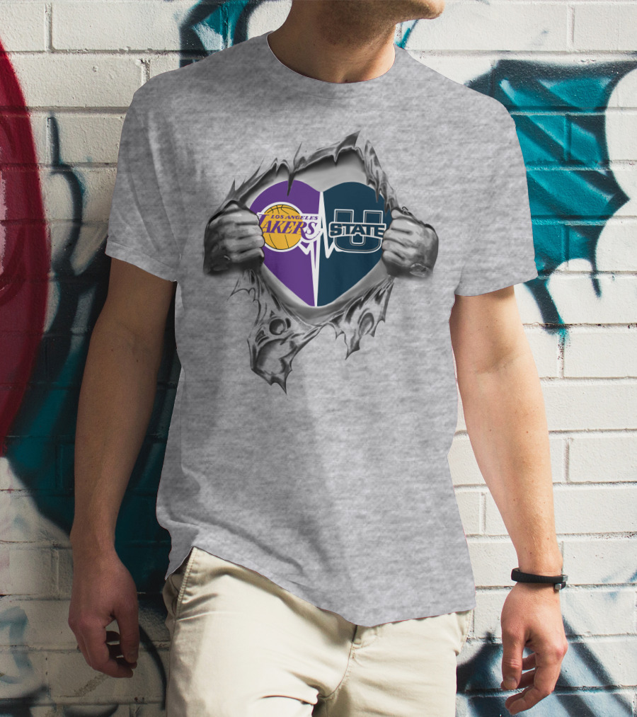 Los Angeles Lakers Utah State Aggies Heart Logo Fusion T-Shirt