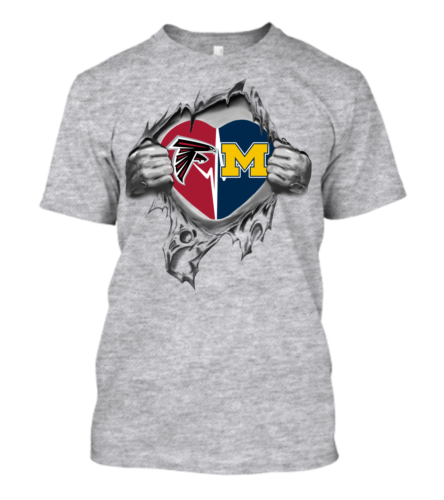Falcons And Michigan Wolverines Heart Design With Ripped Effect T-Shirt