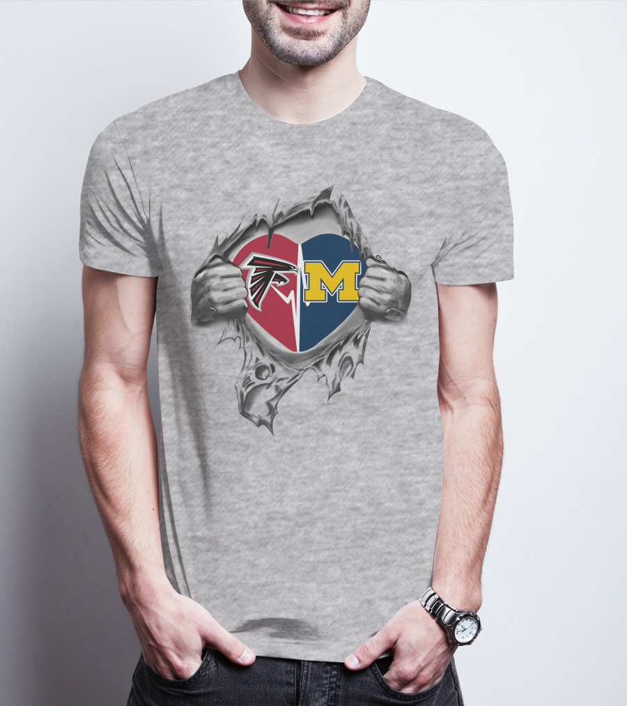 Falcons And Michigan Wolverines Heart Design With Ripped Effect T-Shirt