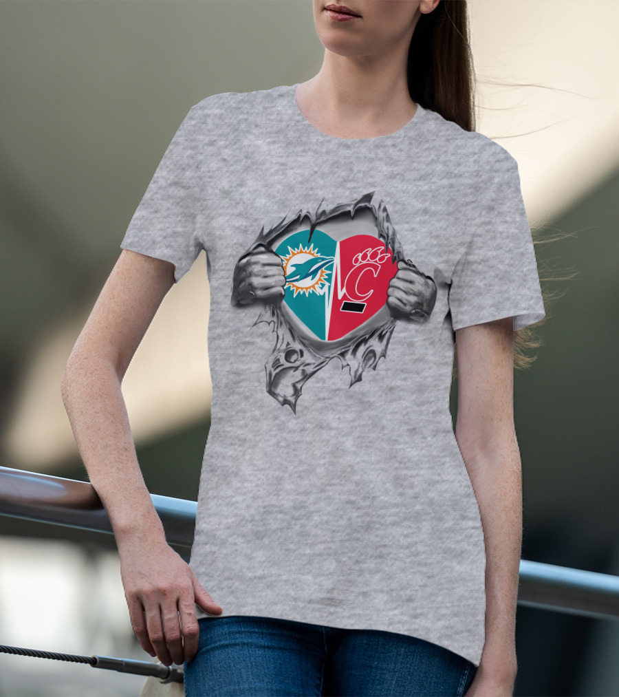 Dolphins Cincinnati Bearcats Heart Torn Hands Football Fan Spirit T-Shirt