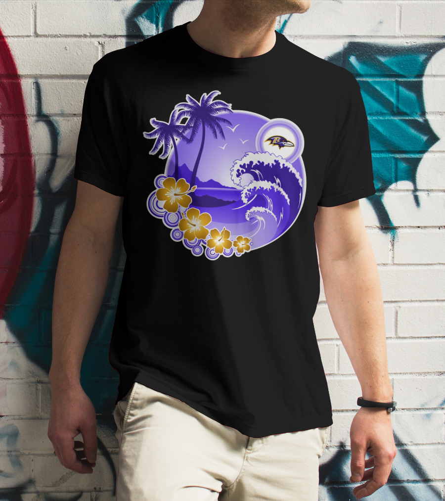 Baltimore Ravens Happy Holidays Tropical Paradise With Wave And Flowers T-Shirt