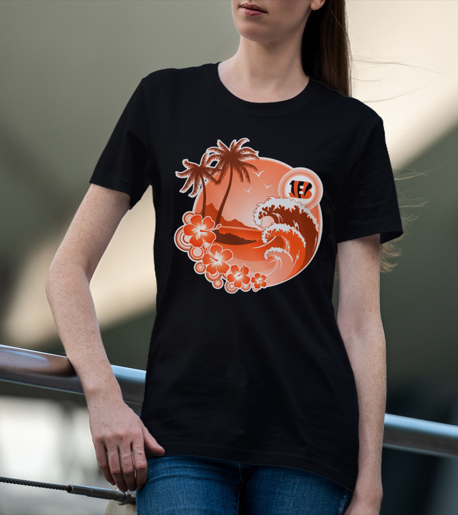 Cincinnati Bengals Holiday Hawaiian Beach Wave And Palm Flowers T-Shirt