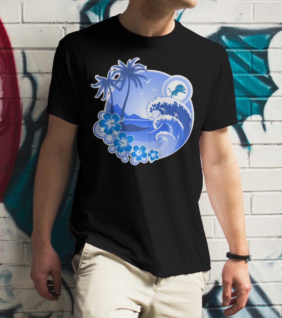 Detroit Lions Happy Holidays Tropical Wave And Palm Trees T-Shirt