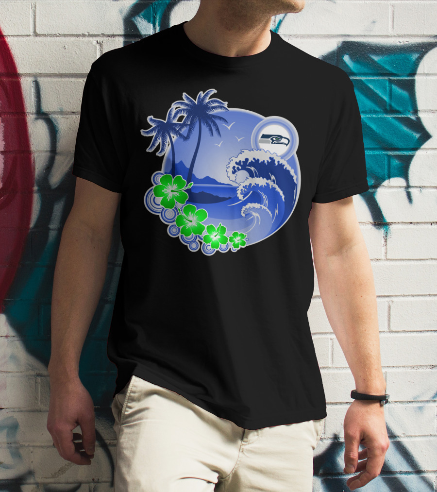 Seattle Seahawks Tropical Beach Happy Holidays Wave And Palm Trees T-Shirt