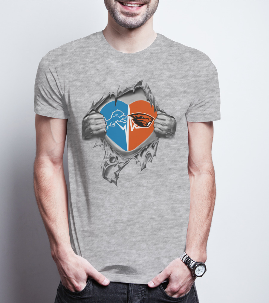 Lions Oregon State Beavers Heart Design With Logos And Ripped Hands T-Shirt