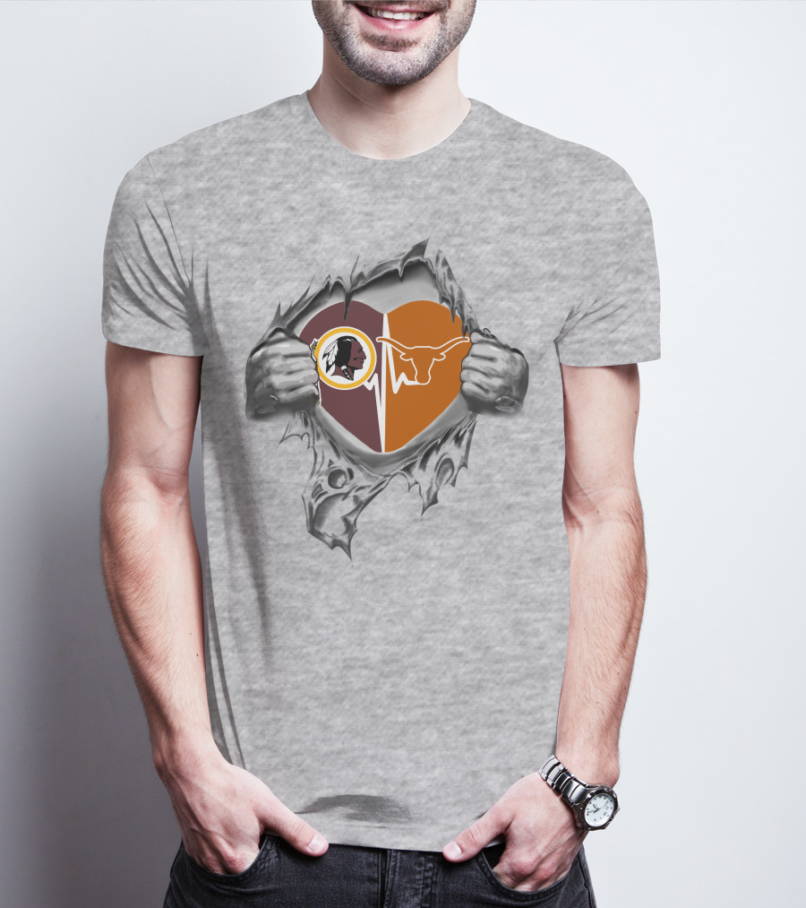 Redskins Texas Longhorns Heartbeat Design With Torn Effect T-Shirt