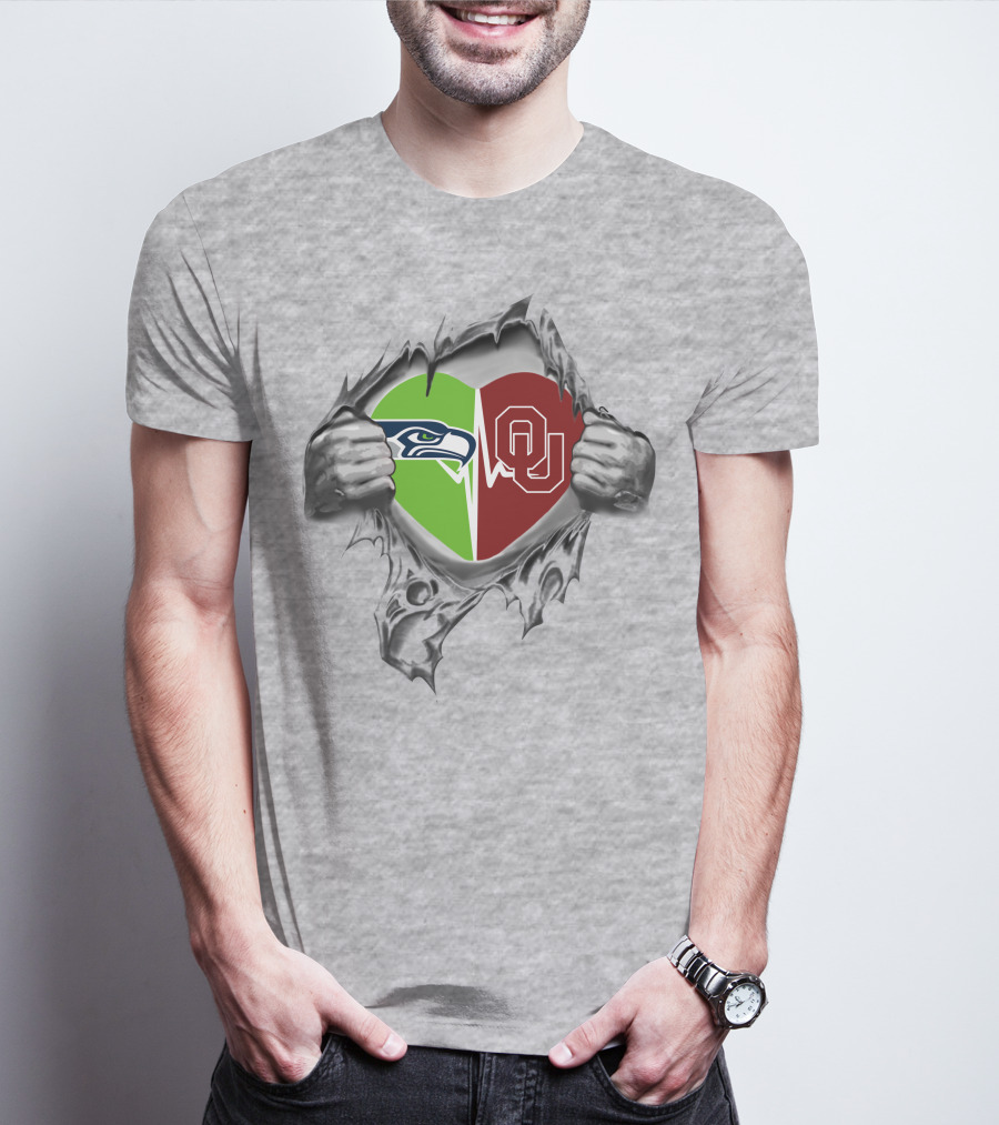 Seahawks Oklahoma Sooners Heart Logo With Torn T-Shirt