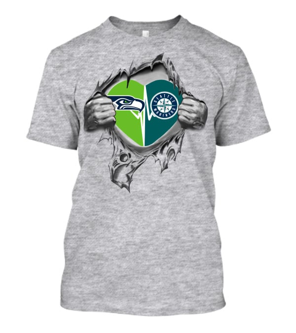 Seattle Seahawks Mariners Heart Design 48 Tear Reveal T-Shirt