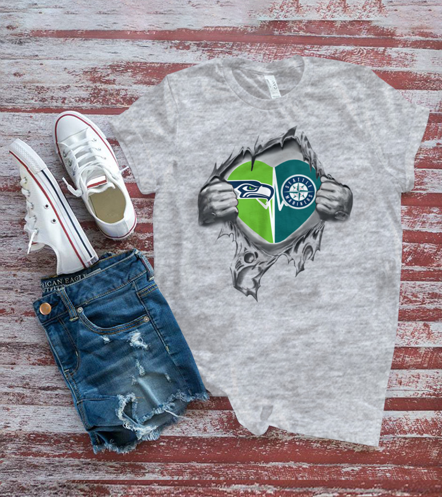 Seattle Seahawks Mariners Heart Design 48 Tear Reveal T-Shirt