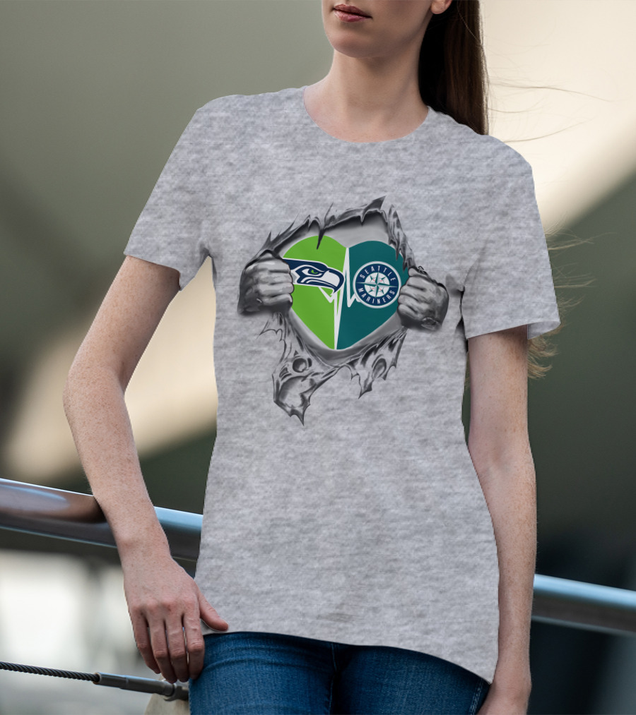 Seattle Seahawks Mariners Heart Design 48 Tear Reveal T-Shirt
