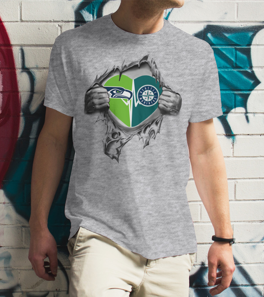 Seattle Seahawks Mariners Heart Design 48 Tear Reveal T-Shirt