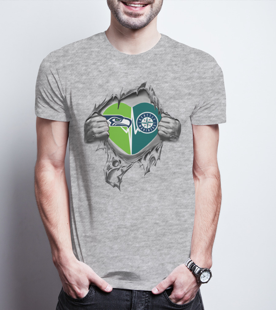 Seattle Seahawks Mariners Heart Design 48 Tear Reveal T-Shirt