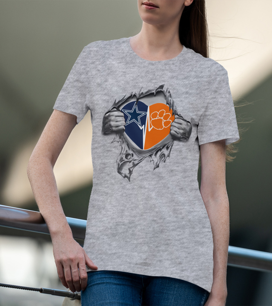 Cowboys Clemson Heart Silhouette With Star And Paw Print T-Shirt