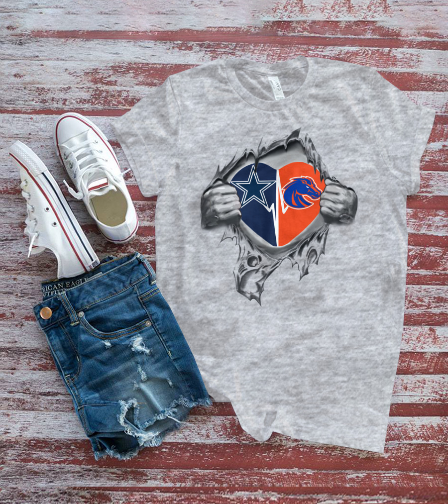 Cowboys Boise State Broncos Heart Logos In Torn Silver Grunge Style T-Shirt