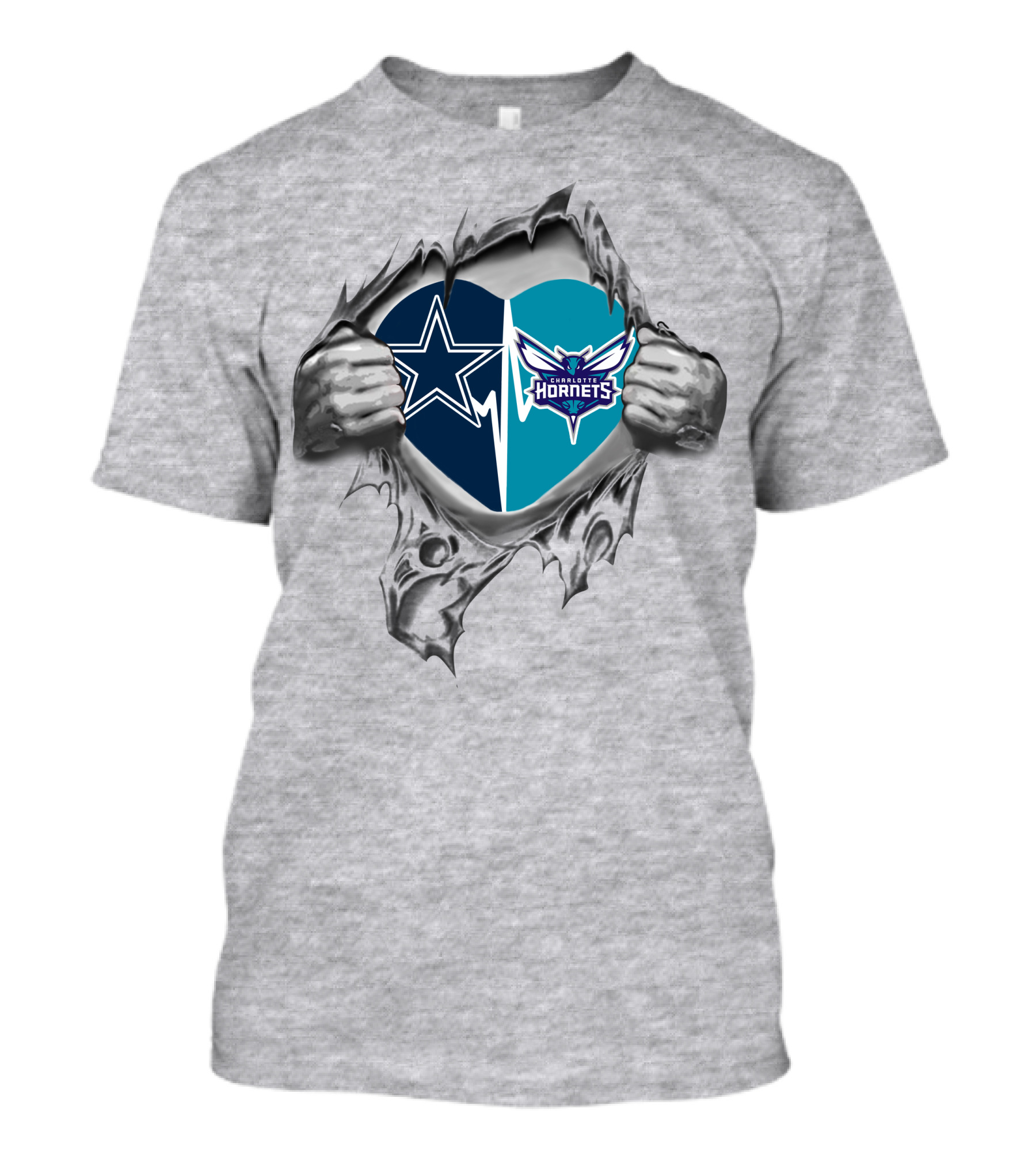Cowboys Charlotte Hornets Heart Torn Open T-Shirt