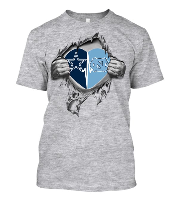 Cowboys North Carolina Tar Heels Heart Torn Open Football Fan Loyalty T-Shirt
