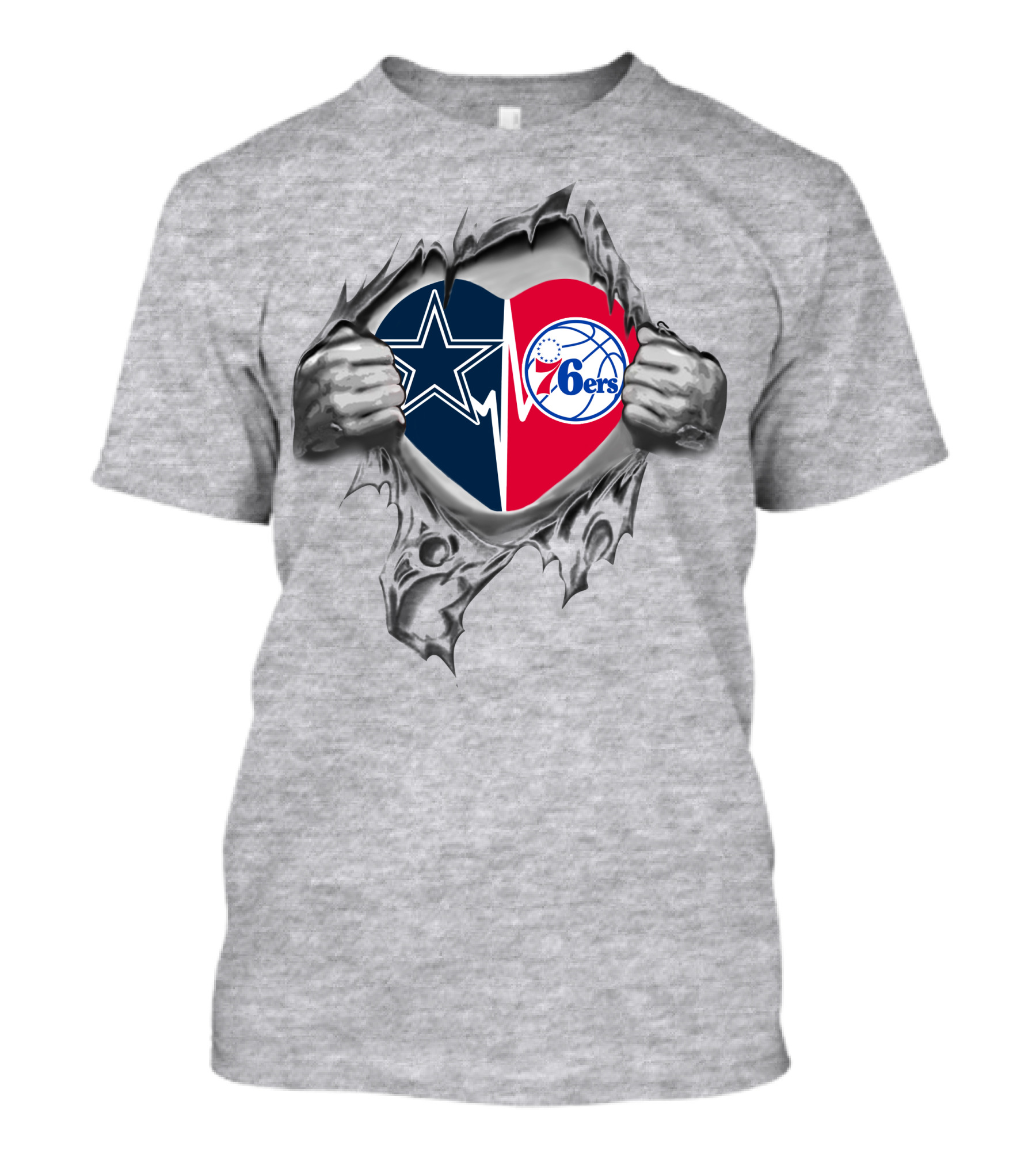 Cowboys 76ers Heart Design Featuring Dallas Star And Philadelphia Basketball Logos T-Shirt