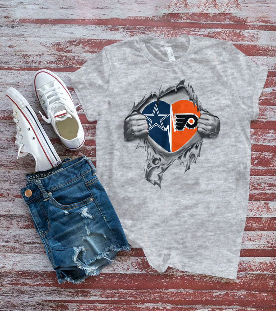 Cowboys Philadelphia Flyers Heart Design With Split Logos T-Shirt
