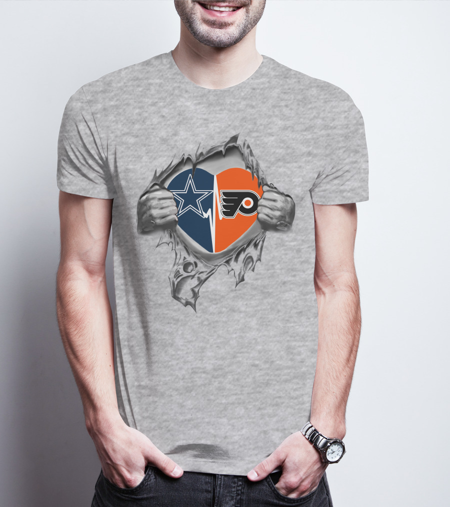 Cowboys Philadelphia Flyers Heart Design With Split Logos T-Shirt
