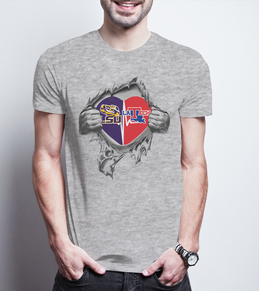 Lsu La Tech Heart Dual Logo Torn T-Shirt