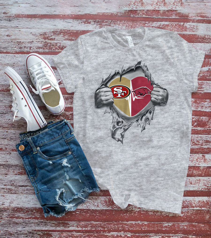 49ers Arkansas Razorbacks Heart With Logos And Ripped T-Shirt