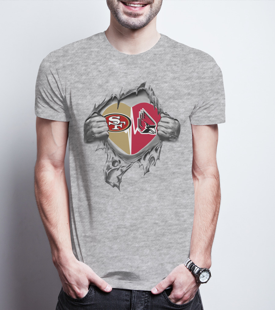 49ers Ball State Cardinals Heart Logo Hands Tearing T-Shirt