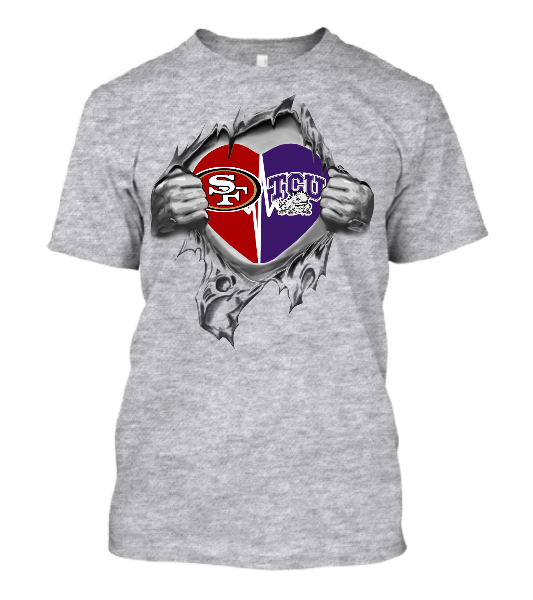 49ers Tcu Horned Frogs Heart With Logos And Ripped T-Shirt