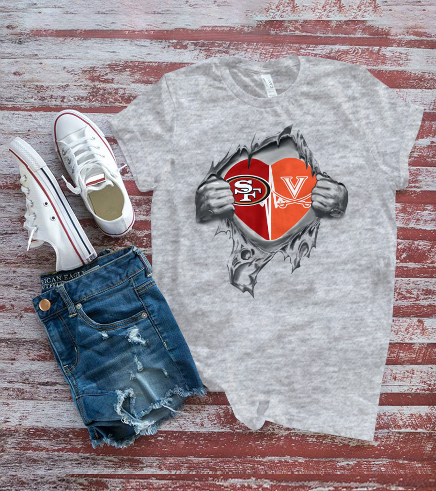 49ers Virginia Cavaliers Heart Logos In Torn Fabric T-Shirt