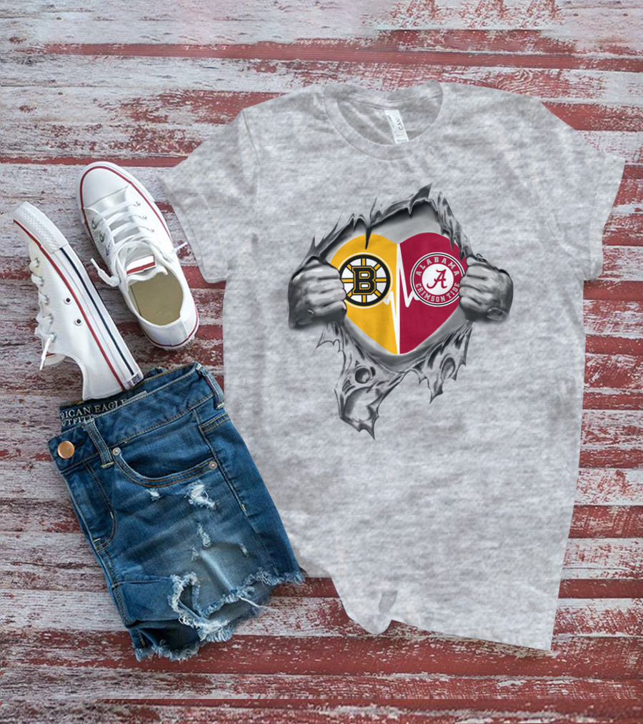 Boston Bruins And Alabama Crimson Tide Heart Torn T-Shirt
