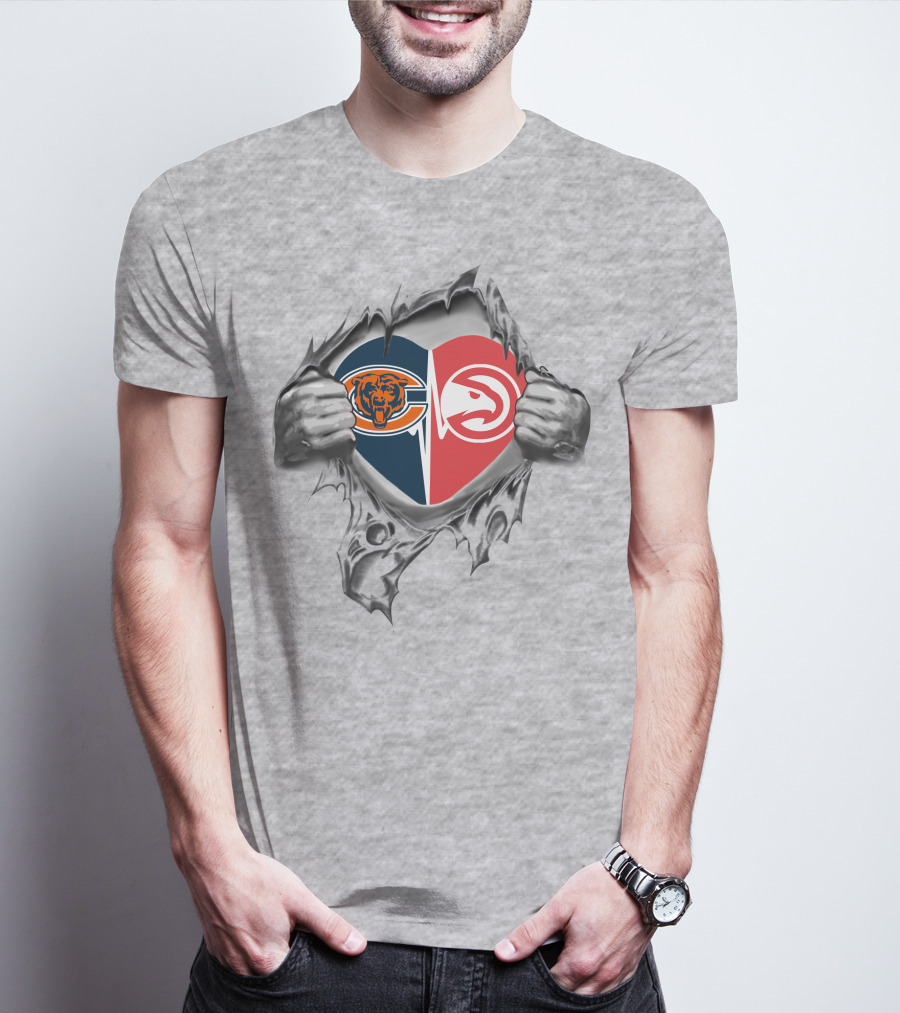 Bears Atlanta Hawks Heart Logo Torn Gray T-Shirt