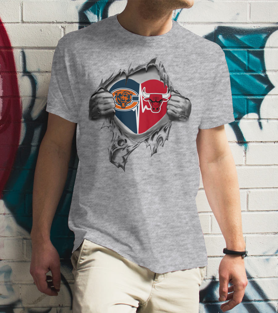 Bears Chicago Bulls Heart With Logos Peeking Through Torn Fabric T-Shirt