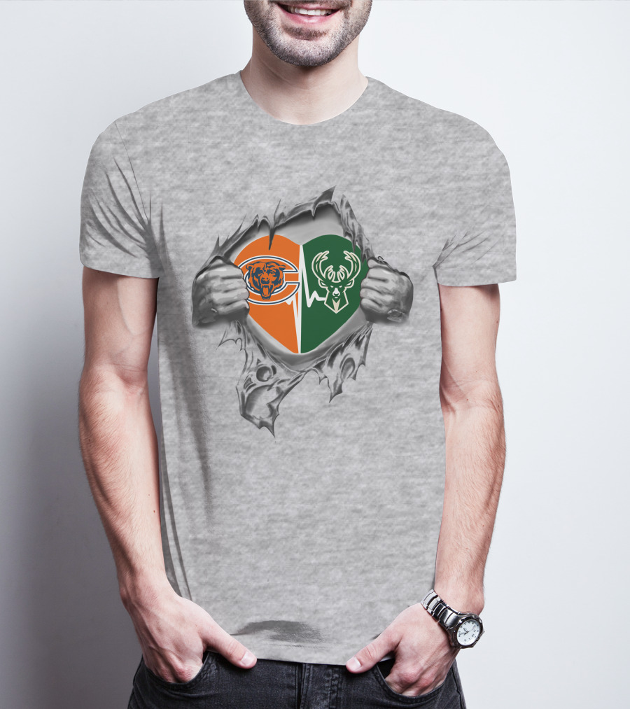Bears Milwaukee Bucks Heart Logo Split With Hands Peeling Open T-Shirt