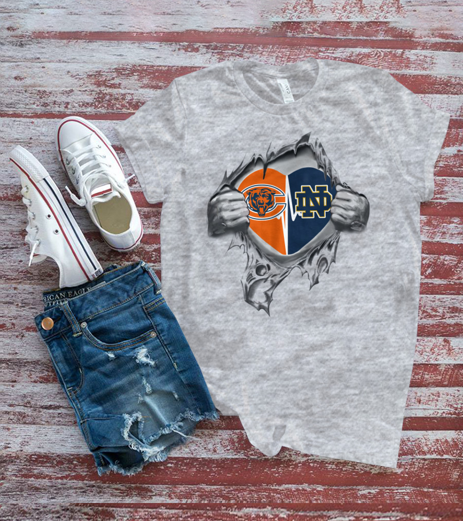 Bears Notre Dame Fighting Irish Heart With Logos T-Shirt