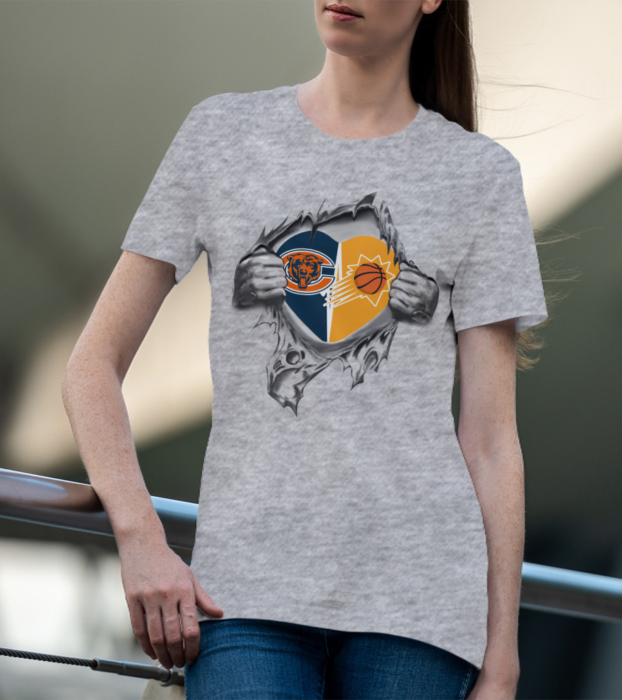 Bears Phoenix Suns Heart Logo Combination With Hands Peeling Back Fabric T-Shirt