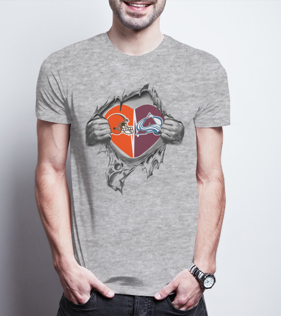 Browns Colorado Avalanche Heart Design Featuring Football And Hockey Logos T-Shirt