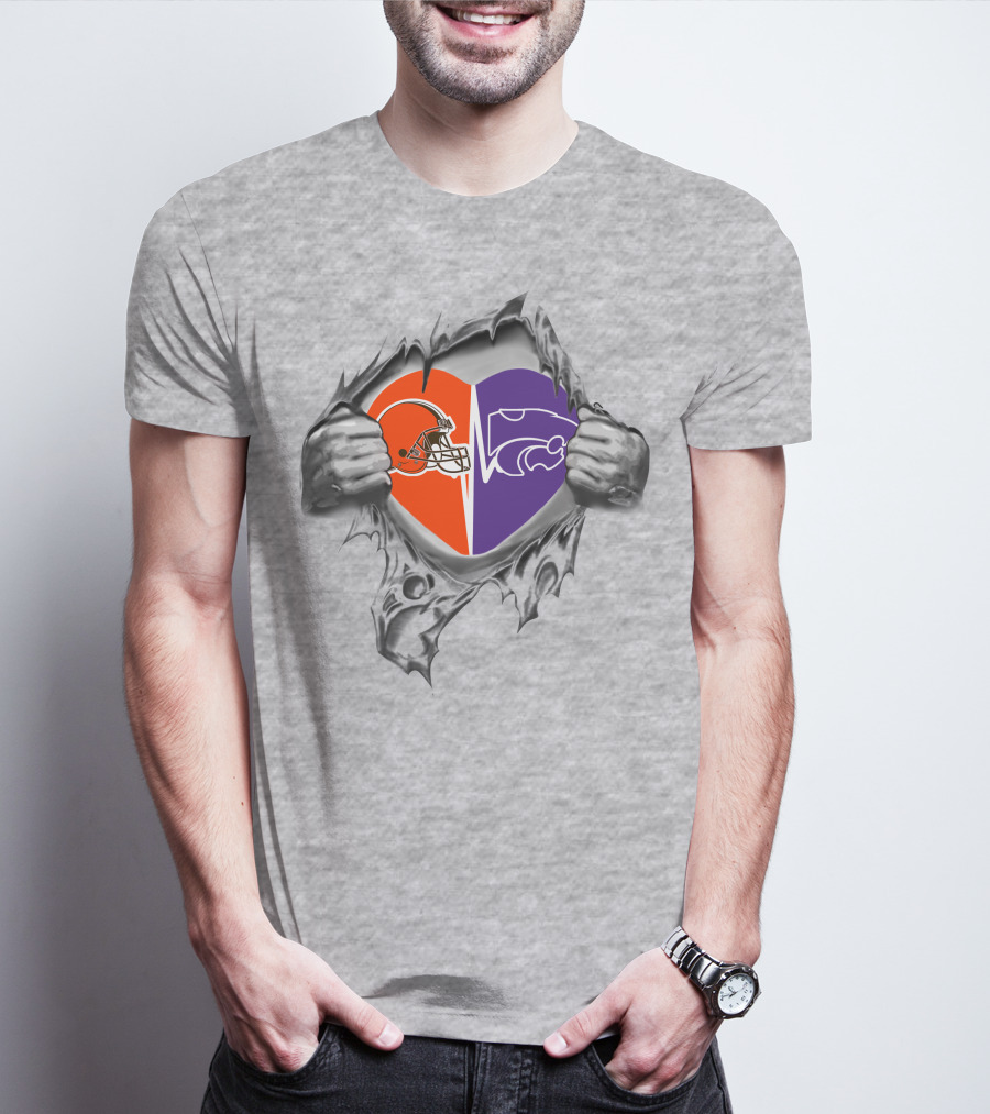 Browns Kansas State Wildcats Heart Design With Helmet And Wildcat T-Shirt