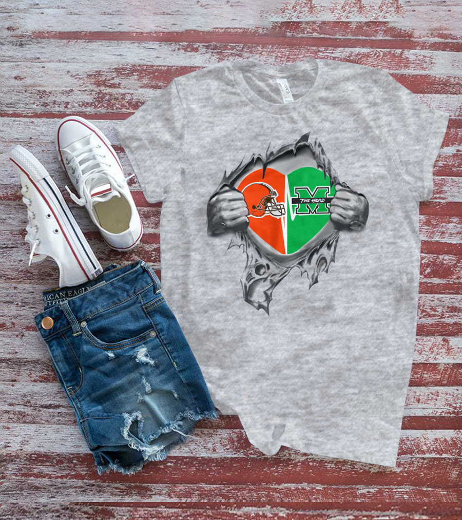 Browns Helmet And Marshall Thundering Herd Heart T-Shirt